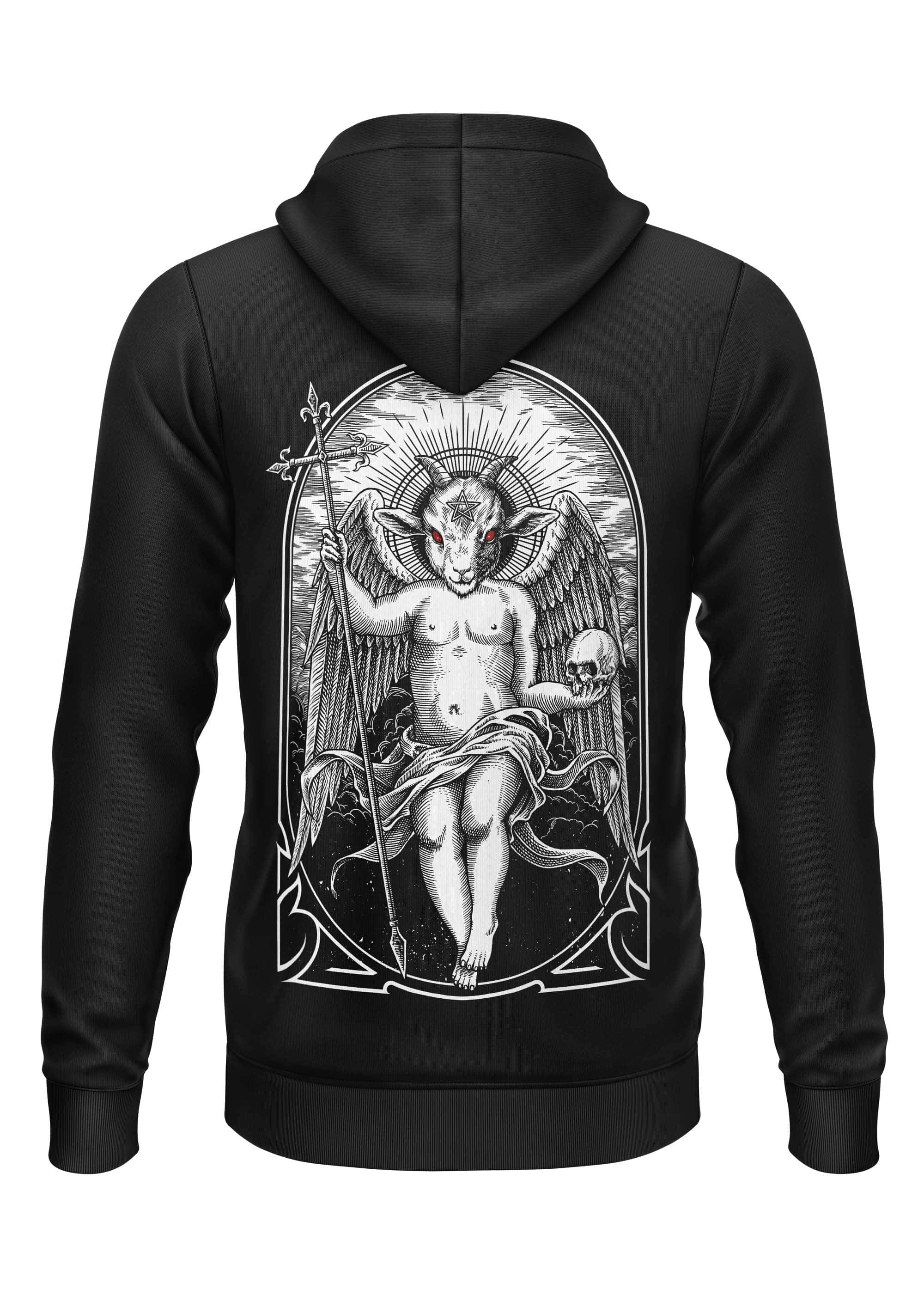 Schwarzer zip-up hoodie mit weißem linienart-grafik eines geflügelten hornigen dämonengottes mit roten augen skull staff okkultelemente verknüpft gaia lizenzierte kleidung religiöse ikonografie